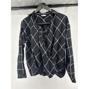 J. Jill Faux Wrap Front Top Women Med Blouse Black White Plaid Roll Tab Sleeve S